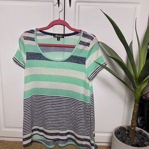 Green, navy, and white striped top